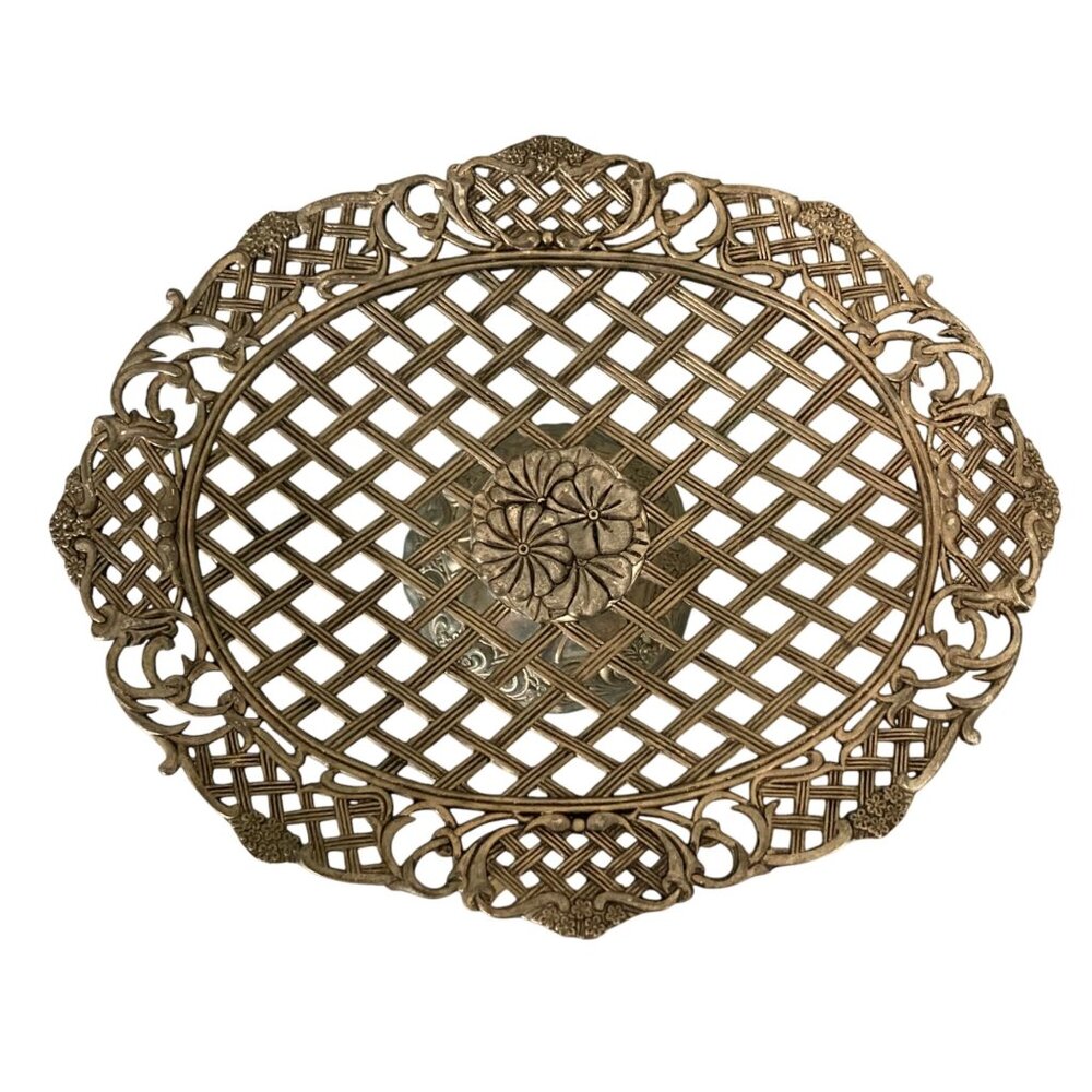Vintage Silver Toned Lattice Compote Pedestal Bowl With Floral & Scroll Detail - Picture 2 of 8